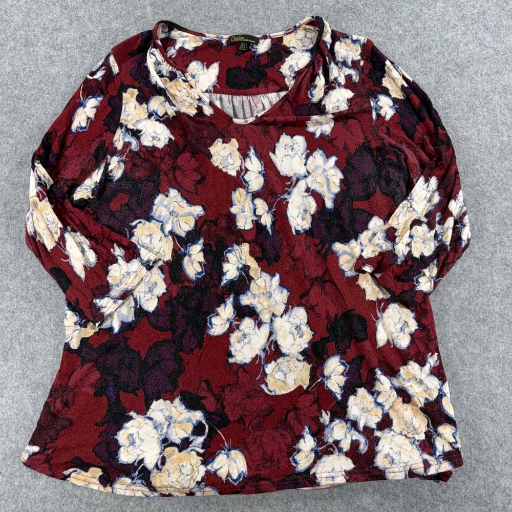 Dalia Womens 1X Floral Blouse Burgundy Red 3/4 Sleeve Split Neck Knit Top